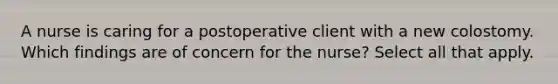 A nurse is caring for a postoperative client with a new colostomy. Which findings are of concern for the nurse? Select all that apply.