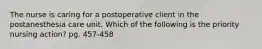 The nurse is caring for a postoperative client in the postanesthesia care unit. Which of the following is the priority nursing action? pg. 457-458