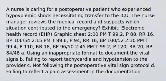 A nurse is caring for a postoperative patient who experienced hypovolemic shock necessitating transfer to the ICU. The nurse manager reviews the medical record and suspects which situation contributed to the emergency? Exhibit: Electronic health record (EHR) Graphic sheet 2:00 PM T 99.2, P 88, RR 16, BP 106/54 2:15 PM T 99.6, P 94, RR 16, BP 100/52 2:30 PM T 99.4, P 110, RR 18, BP 96/50 2:45 PM T 99.2, P 120, RR 20, BP 84/48 a. Using an inappropriate format to document the vital signs b. Failing to report tachycardia and hypotension to the provider c. Not following the postoperative vital sign protocol d. Failing to reflect a pain assessment in the documentation