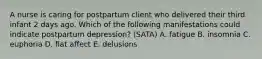 A nurse is caring for postpartum client who delivered their third infant 2 days ago. Which of the following manifestations could indicate postpartum depression? (SATA) A. fatigue B. insomnia C. euphoria D. flat affect E. delusions