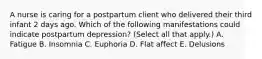 A nurse is caring for a postpartum client who delivered their third infant 2 days ago. Which of the following manifestations could indicate postpartum depression? (Select all that apply.) A. Fatigue B. Insomnia C. Euphoria D. Flat affect E. Delusions