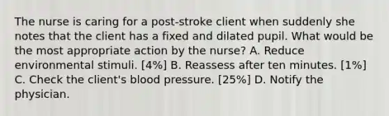 The nurse is caring for a post-stroke client when suddenly she notes that the client has a fixed and dilated pupil. What would be the most appropriate action by the nurse? A. Reduce environmental stimuli. [4%] B. Reassess after ten minutes. [1%] C. Check the client's blood pressure. [25%] D. Notify the physician.