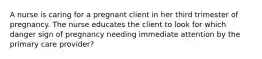 A nurse is caring for a pregnant client in her third trimester of pregnancy. The nurse educates the client to look for which danger sign of pregnancy needing immediate attention by the primary care provider?