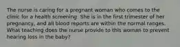 The nurse is caring for a pregnant woman who comes to the clinic for a health screening. She is in the first trimester of her pregnancy, and all blood reports are within the normal ranges. What teaching does the nurse provide to this woman to prevent hearing loss in the baby?