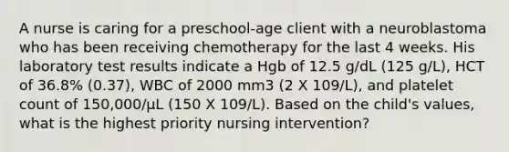 A nurse is caring for a preschool-age client with a neuroblastoma who has been receiving chemotherapy for the last 4 weeks. His laboratory test results indicate a Hgb of 12.5 g/dL (125 g/L), HCT of 36.8% (0.37), WBC of 2000 mm3 (2 X 109/L), and platelet count of 150,000/μL (150 X 109/L). Based on the child's values, what is the highest priority nursing intervention?