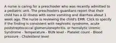 A nurse is caring for a preschooler who was recently admitted to a pediatric unit. The preschoolers guardians report that their child has a GI illness with some vomiting and diarrhea about 1 week ago. The nurse is reviewing the child's EMR. Click to specify if the finding is consistent with nephrotic syndrome, acute poststreptococcal glomerulonephritis, or hemolytic Uremic Syndrome - Temperature - BUN level - Platelet count - Blood pressure - Cholesterol level