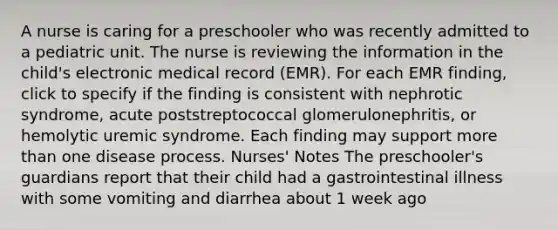 A nurse is caring for a preschooler who was recently admitted to a pediatric unit. The nurse is reviewing the information in the child's electronic medical record (EMR). For each EMR finding, click to specify if the finding is consistent with nephrotic syndrome, acute poststreptococcal glomerulonephritis, or hemolytic uremic syndrome. Each finding may support more than one disease process. Nurses' Notes The preschooler's guardians report that their child had a gastrointestinal illness with some vomiting and diarrhea about 1 week ago