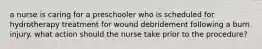 a nurse is caring for a preschooler who is scheduled for hydrotherapy treatment for wound debridement following a burn injury. what action should the nurse take prior to the procedure?