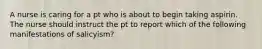 A nurse is caring for a pt who is about to begin taking aspirin. The nurse should instruct the pt to report which of the following manifestations of salicyism?