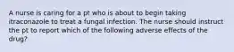 A nurse is caring for a pt who is about to begin taking itraconazole to treat a fungal infection. The nurse should instruct the pt to report which of the following adverse effects of the drug?