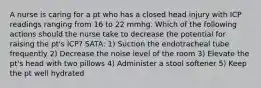 A nurse is caring for a pt who has a closed head injury with ICP readings ranging from 16 to 22 mmhg. Which of the following actions should the nurse take to decrease the potential for raising the pt's ICP? SATA: 1) Suction the endotracheal tube frequently 2) Decrease the noise level of the room 3) Elevate the pt's head with two pillows 4) Administer a stool softener 5) Keep the pt well hydrated