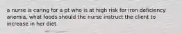 a nurse is caring for a pt who is at high risk for iron deficiency anemia, what foods should the nurse instruct the client to increase in her diet