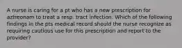 A nurse is caring for a pt who has a new prescription for aztreonam to treat a resp. tract infection. Which of the following findings in the pts medical record should the nurse recognize as requiring cautious use for this prescription and report to the provider?