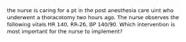 the nurse is caring for a pt in the post anesthesia care uint who underwent a thoracotomy two hours ago. The nurse observes the following vitals HR 140, RR-26, BP 140/90. Which intervention is most important for the nurse to implement?