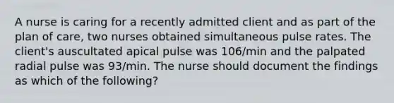 A nurse is caring for a recently admitted client and as part of the plan of care, two nurses obtained simultaneous pulse rates. The client's auscultated apical pulse was 106/min and the palpated radial pulse was 93/min. The nurse should document the findings as which of the following?