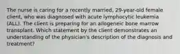 The nurse is caring for a recently married, 29-year-old female client, who was diagnosed with acute lymphocytic leukemia (ALL). The client is preparing for an allogeneic bone marrow transplant. Which statement by the client demonstrates an understanding of the physician's description of the diagnosis and treatment?