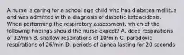 A nurse is caring for a school age child who has diabetes mellitus and was admitted with a diagnosis of diabetic ketoacidosis. When performing the respiratory assessment, which of the following findings should the nurse expect? A. deep respirations of 32/min B. shallow respirations of 10/min C. paradoxic respirations of 26/min D. periods of apnea lasting for 20 seconds