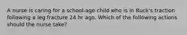 A nurse is caring for a school-age child who is in Buck's traction following a leg fracture 24 hr ago. Which of the following actions should the nurse take?