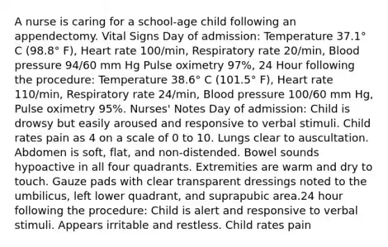 A nurse is caring for a school-age child following an appendectomy. Vital Signs Day of admission: Temperature 37.1° C (98.8° F), Heart rate 100/min, Respiratory rate 20/min, <a href='https://www.questionai.com/knowledge/kD0HacyPBr-blood-pressure' class='anchor-knowledge'>blood pressure</a> 94/60 mm Hg Pulse oximetry 97%, 24 Hour following the procedure: Temperature 38.6° C (101.5° F), Heart rate 110/min, Respiratory rate 24/min, Blood pressure 100/60 mm Hg, Pulse oximetry 95%. Nurses' Notes Day of admission: Child is drowsy but easily aroused and responsive to verbal stimuli. Child rates pain as 4 on a scale of 0 to 10. Lungs clear to auscultation. Abdomen is soft, flat, and non-distended. Bowel sounds hypoactive in all four quadrants. Extremities are warm and dry to touch. Gauze pads with clear transparent dressings noted to the umbilicus, left lower quadrant, and suprapubic area.24 hour following the procedure: Child is alert and responsive to verbal stimuli. Appears irritable and restless. Child rates pain