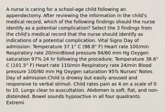 A nurse is caring for a school-age child following an appendectomy. After reviewing the information in the child's medical record, which of the following findings should the nurse identify as a potential complication? Select the 3 findings from the child's medical record that the nurse should identify as indications of a potential complication. Vital Signs Day of admission: Temperature 37.1° C (98.8° F) Heart rate 100/min Respiratory rate 20/minBlood pressure 94/60 mm Hg Oxygen saturation 97% 24 hr following the procedure: Temperature 38.6° C (101.5° F) Heart rate 110/min Respiratory rate 24/min Blood pressure 100/60 mm Hg Oxygen saturation 95% Nurses' Notes Day of admission:Child is drowsy but easily aroused and responsive to verbal stimuli. Child rates pain as 4 on a scale of 0 to 10. Lungs clear to auscultation. Abdomen is soft, flat, and non-distended. Bowel sounds hypoactive in all four quadrants. Extremi