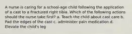 A nurse is caring for a school-age child following the application of a cast to a Fractured right tibia. Which of the following actions should the nurse take first? a. Teach the child about cast care b. Pad the edges of the cast c. administer pain medication d. Elevate the child's leg