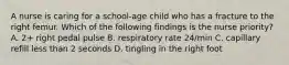 A nurse is caring for a school-age child who has a fracture to the right femur. Which of the following findings is the nurse priority? A. 2+ right pedal pulse B. respiratory rate 24/min C. capillary refill less than 2 seconds D. tingling in the right foot