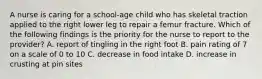 A nurse is caring for a school-age child who has skeletal traction applied to the right lower leg to repair a femur fracture. Which of the following findings is the priority for the nurse to report to the provider? A. report of tingling in the right foot B. pain rating of 7 on a scale of 0 to 10 C. decrease in food intake D. increase in crusting at pin sites