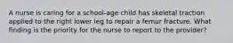 A nurse is caring for a school-age child has skeletal traction applied to the right lower leg to repair a femur fracture. What finding is the priority for the nurse to report to the provider?