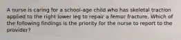 A nurse is caring for a school-age child who has skeletal traction applied to the right lower leg to repair a femur fracture. Which of the following findings is the priority for the nurse to report to the provider?