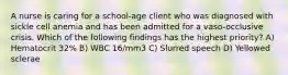 A nurse is caring for a school-age client who was diagnosed with sickle cell anemia and has been admitted for a vaso-occlusive crisis. Which of the following findings has the highest priority? A) Hematocrit 32% B) WBC 16/mm3 C) Slurred speech D) Yellowed sclerae