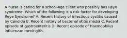 A nurse is caring for a school-age client who possibly has Reye syndrome. Which of the following is a risk factor for developing Reye Syndrome? A. Recent history of infectious cystitis caused by Candida B. Recent history of bacterial otitis media C. Recent episode of gastroenteritis D. Recent episode of Haemophilus influenzae meningitis.