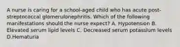 A nurse is caring for a school-aged child who has acute post-streptococcal glomerulonephritis. Which of the following manifestations should the nurse expect? A. Hypotension B. Elevated serum lipid levels C. Decreased serum potassium levels D.Hematuria