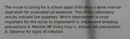 The nurse is caring for a school-aged child after a bone marrow aspiration for evaluation of leukemia. The child's laboratory results indicate low platelets. Which intervention is most important for the nurse to implement? a. Implement bleeding precautions b. Monitor BP every hour c. Initiate fall precautions d. Observe for signs of infection