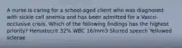 A nurse is caring for a school-aged client who was diagnosed with sickle cell anemia and has been admitted for a Vasco-occlusive crisis. Which of the following findings has the highest priority? Hematocrit 32% WBC 16/mm3 Slurred speech Yellowed sclerae