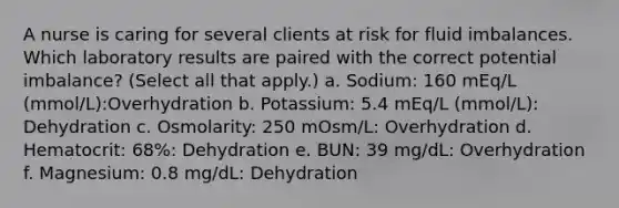 A nurse is caring for several clients at risk for fluid imbalances. Which laboratory results are paired with the correct potential imbalance? (Select all that apply.) a. Sodium: 160 mEq/L (mmol/L):Overhydration b. Potassium: 5.4 mEq/L (mmol/L): Dehydration c. Osmolarity: 250 mOsm/L: Overhydration d. Hematocrit: 68%: Dehydration e. BUN: 39 mg/dL: Overhydration f. Magnesium: 0.8 mg/dL: Dehydration