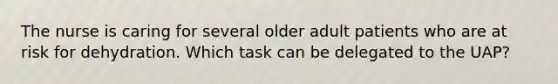 The nurse is caring for several older adult patients who are at risk for dehydration. Which task can be delegated to the UAP?