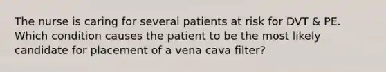 The nurse is caring for several patients at risk for DVT & PE. Which condition causes the patient to be the most likely candidate for placement of a vena cava filter?