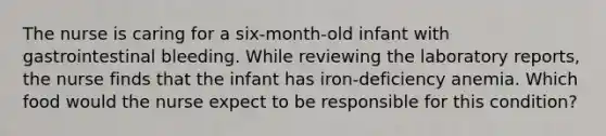 The nurse is caring for a six-month-old infant with gastrointestinal bleeding. While reviewing the laboratory reports, the nurse finds that the infant has iron-deficiency anemia. Which food would the nurse expect to be responsible for this condition?