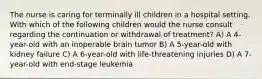 The nurse is caring for terminally ill children in a hospital setting. With which of the following children would the nurse consult regarding the continuation or withdrawal of treatment? A) A 4-year-old with an inoperable brain tumor B) A 5-year-old with kidney failure C) A 6-year-old with life-threatening injuries D) A 7-year-old with end-stage leukemia