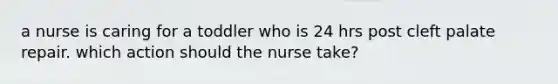 a nurse is caring for a toddler who is 24 hrs post cleft palate repair. which action should the nurse take?