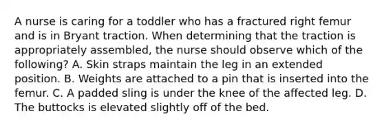 A nurse is caring for a toddler who has a fractured right femur and is in Bryant traction. When determining that the traction is appropriately assembled, the nurse should observe which of the following? A. Skin straps maintain the leg in an extended position. B. Weights are attached to a pin that is inserted into the femur. C. A padded sling is under the knee of the affected leg. D. The buttocks is elevated slightly off of the bed.