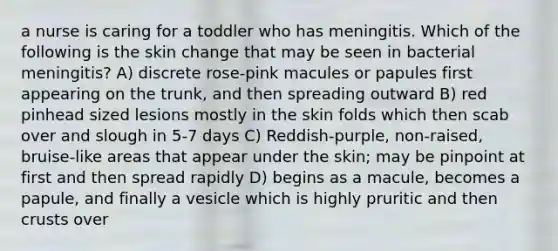 a nurse is caring for a toddler who has meningitis. Which of the following is the skin change that may be seen in bacterial meningitis? A) discrete rose-pink macules or papules first appearing on the trunk, and then spreading outward B) red pinhead sized lesions mostly in the skin folds which then scab over and slough in 5-7 days C) Reddish-purple, non-raised, bruise-like areas that appear under the skin; may be pinpoint at first and then spread rapidly D) begins as a macule, becomes a papule, and finally a vesicle which is highly pruritic and then crusts over