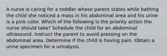 A nurse is caring for a toddler whose parent states while bathing the child she noticed a mass in his abdominal area and his urine is a pink color. Which of the following is the priority action the nurse should take? Schedule the child for an abdominal ultrasound. Instruct the parent to avoid pressing on the abdominal area. Determine if the child is having pain. Obtain a urine specimen for a urinalysis.