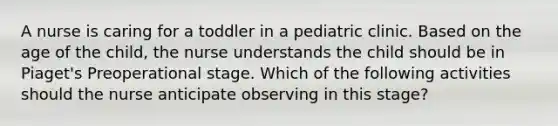 A nurse is caring for a toddler in a pediatric clinic. Based on the age of the child, the nurse understands the child should be in Piaget's Preoperational stage. Which of the following activities should the nurse anticipate observing in this stage?