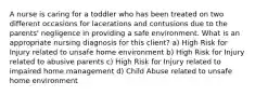 A nurse is caring for a toddler who has been treated on two different occasions for lacerations and contusions due to the parents' negligence in providing a safe environment. What is an appropriate nursing diagnosis for this client? a) High Risk for Injury related to unsafe home environment b) High Risk for Injury related to abusive parents c) High Risk for Injury related to impaired home management d) Child Abuse related to unsafe home environment