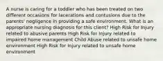 A nurse is caring for a toddler who has been treated on two different occasions for lacerations and contusions due to the parents' negligence in providing a safe environment. What is an appropriate nursing diagnosis for this client? High Risk for Injury related to abusive parents High Risk for Injury related to impaired home management Child Abuse related to unsafe home environment High Risk for Injury related to unsafe home environment