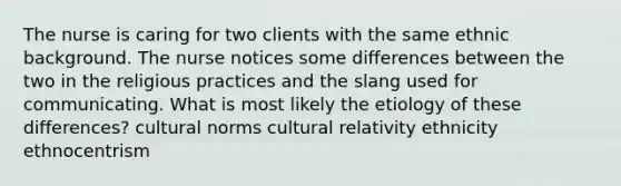 The nurse is caring for two clients with the same ethnic background. The nurse notices some differences between the two in the religious practices and the slang used for communicating. What is most likely the etiology of these differences? cultural norms cultural relativity ethnicity ethnocentrism