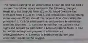 The nurse is caring for an unconscious 6-year-old who has had a severe closed-head injury and notes the following changes: Heart rate has dropped from 120 to 55, blood pressure has increased from 110/44 to 195/62, and respirations are becoming more irregular. Which should the nurse do first after calling the physician? 1. Call for additional help and prepare to administer mannitol (Osmitrol). 2. Continue to monitor the patient's vital signs and prepare to administer a bolus of isotonic fluids. 3. Call for additional help and prepare to administer an antihypertensive. 4. Continue to monitor the patient and administer supplemental oxygen.