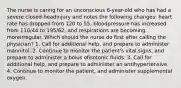 The nurse is caring for an unconscious 6-year-old who has had a severe closed-headinjury and notes the following changes: heart rate has dropped from 120 to 55, bloodpressure has increased from 110/44 to 195/62, and respirations are becoming moreirregular. Which should the nurse do first after calling the physician? 1. Call for additional help, and prepare to administer mannitol. 2. Continue to monitor the patient's vital signs, and prepare to administer a bolus ofisotonic fluids. 3. Call for additional help, and prepare to administer an antihypertensive. 4. Continue to monitor the patient, and administer supplemental oxygen.