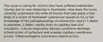 The nurse is caring for victims who have suffered submersion injuries due to near-drowning in freshwater. How does the nurse correctly understand the order of events that take place in the body of a victim of freshwater submersion based on his or her knowledge of the pathophysiology of submersion injury? 1.Water is aspirated. 2.Water rapidly leaks to capillary bed and circulation. 3.Acute respiratory distress syndrome develops. 4.Destruction of surfactant and alveolar-capillary membrane occurs. 5.Noncardiogenic pulmonary edema occurs.